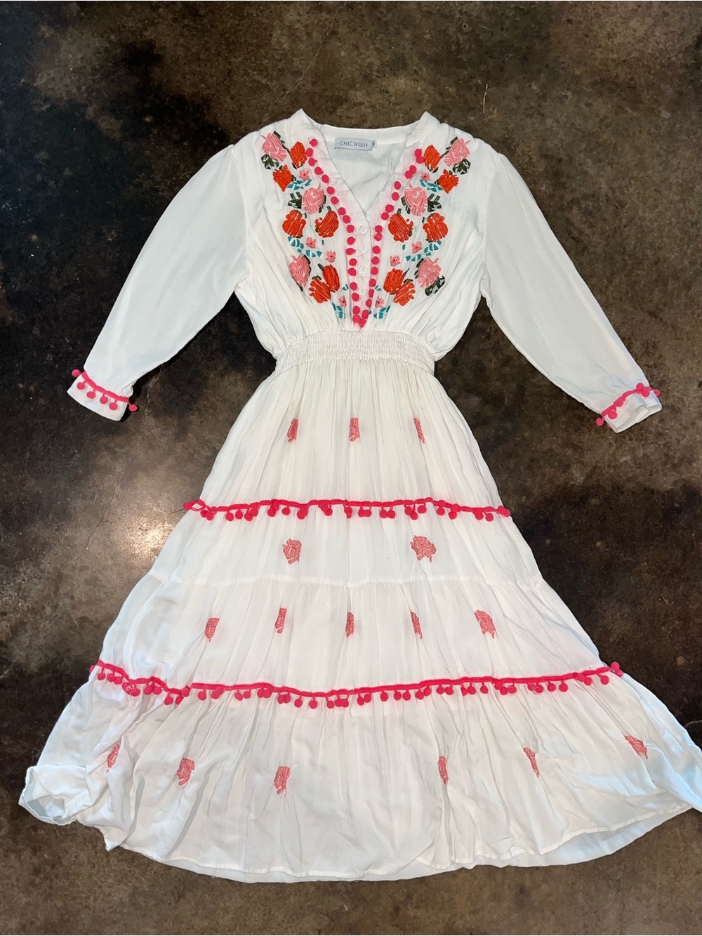 ChicWest White Maxi Dress with Pink Pom Trim